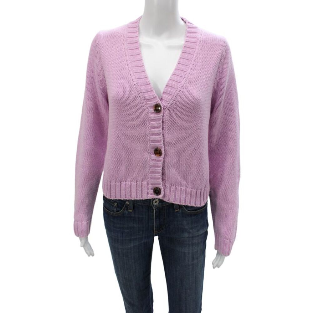 525 Women Cardigan V-Neck Long Sleeve Pink 100% Cotton Solid Fall Size L